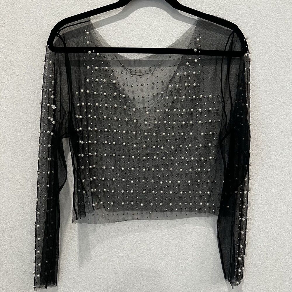 Y2K 2000s clubwear cropped casual pearl and rhinestone top women’s Sz L - Picture 4 of 7
